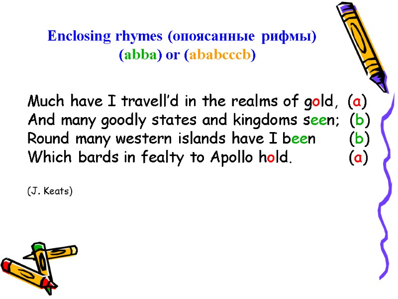 Enclosing rhymes (опоясанные рифмы)    (abba) or (ababcccb) Much have I travell’d